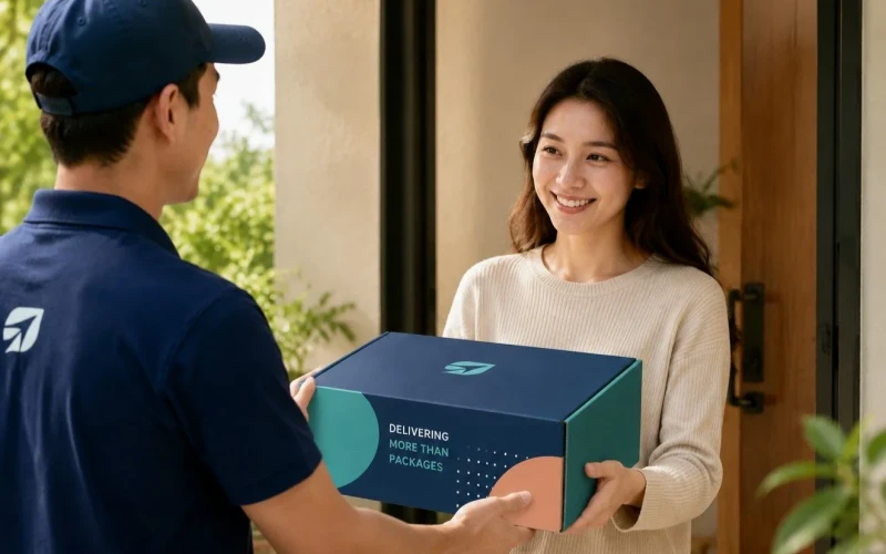 Bright home delivery scene showing a delivery person handing a stylishly branded foldable box to a smiling woman at her doorstep, emphasizing premium packaging.800×500