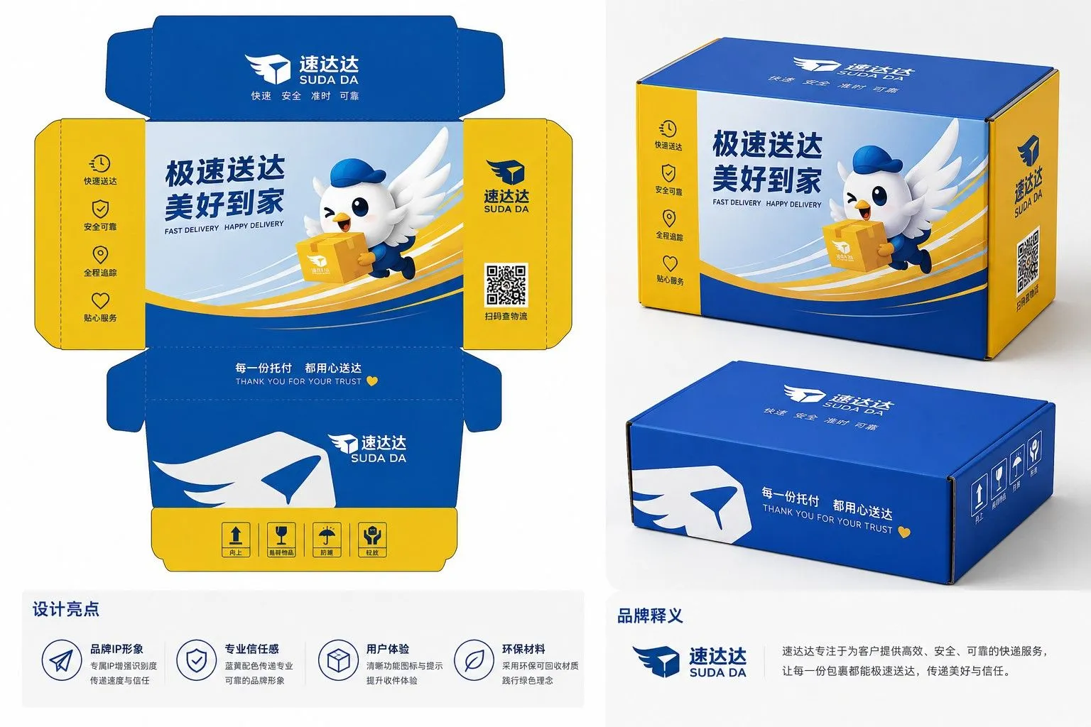 High-resolution colorful delivery packaging box mockup showing a folded, branded box with blue, yellow, and white design, includ