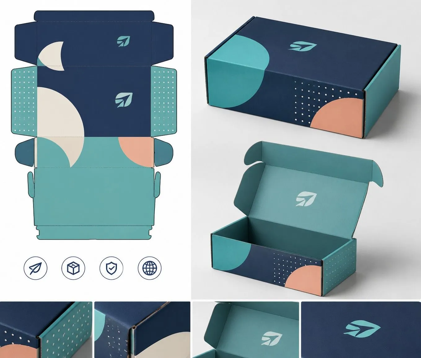 High-resolution colorful delivery packaging box mockup showing a folded, branded box with blue, yellow, and white design, including a playful mascot and icons, displ
