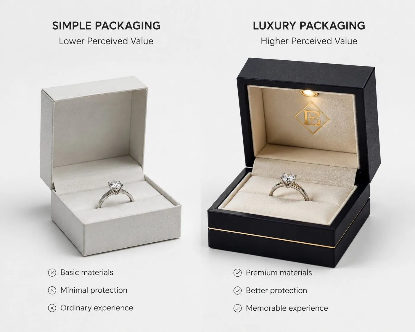 Comparison between basic and luxury jewelry packaging showing impact on perceived value