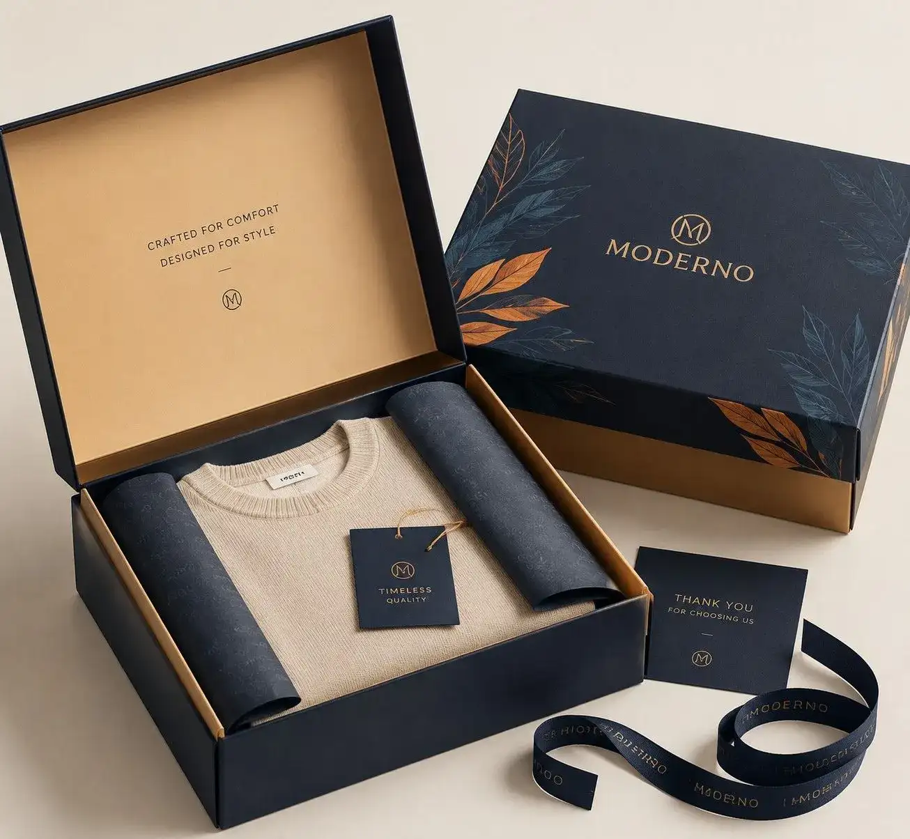 Luxury apparel gift box with premium colorful printing, featuring elegant navy and gold packaging, folded clothing, ribbon details, and sophisticated branding in a modern s