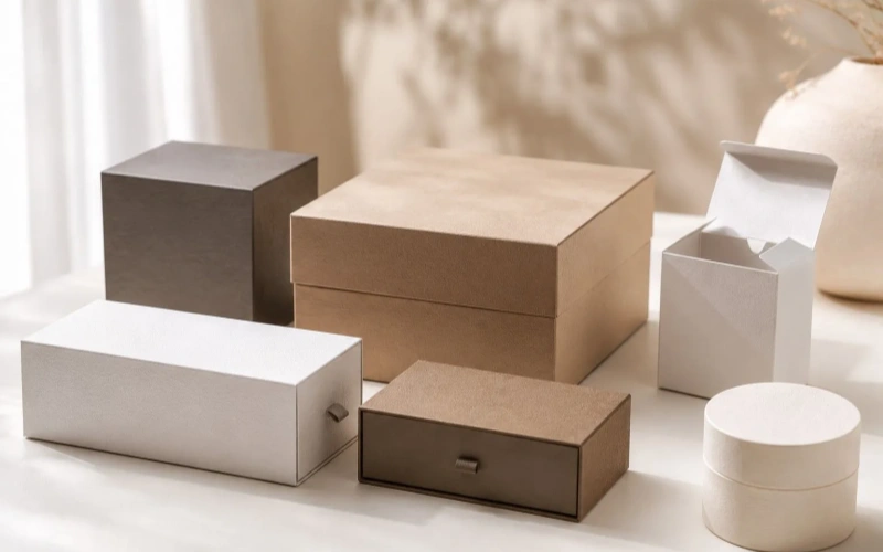 Luxury custom packaging boxes in various styles and colors, including rigid boxes, drawer boxes, and round gift boxes, displayed in a minim-1