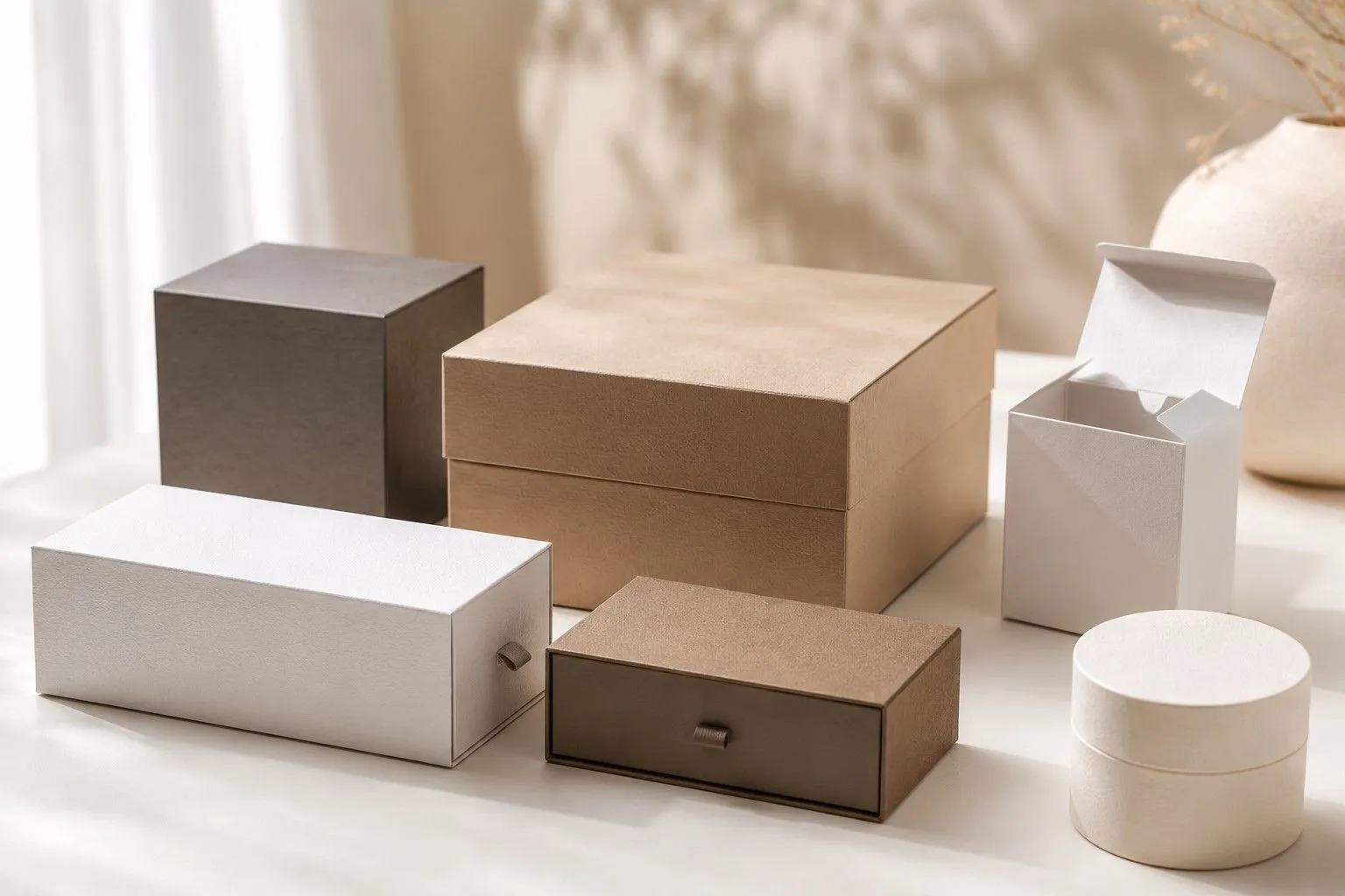 Luxury custom packaging boxes in various styles and colors, including rigid boxes, drawer boxes, and round gift boxes, displayed in a minim