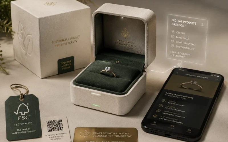 Luxury jewelry packaging trends featuring sustainability and digital product passports.800×500