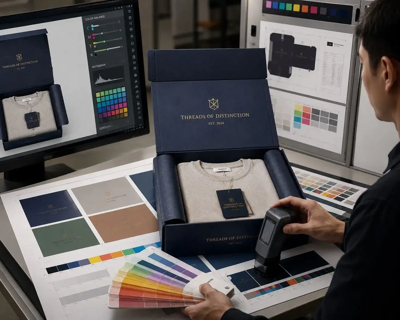 Professional color calibration process for luxury clothing packaging, showing a designer adjusting print colors with swatches, packaging mockups, and a spectrophotometer in