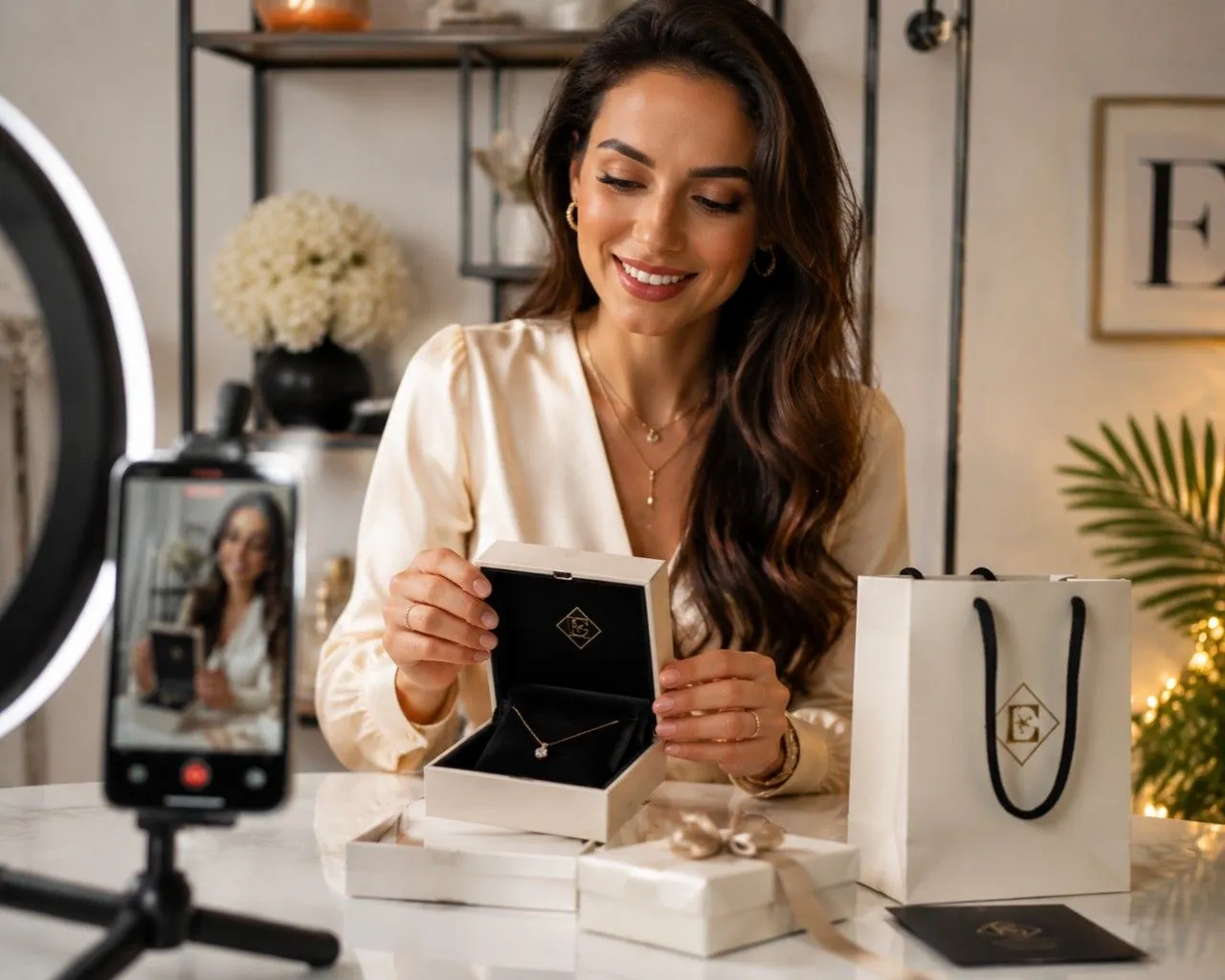 Social media unboxing content featuring luxury jewelry packaging