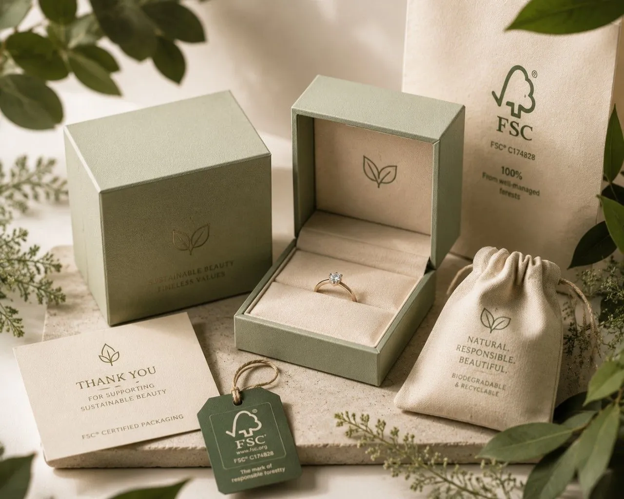 Sustainable luxury jewelry packaging made from FSC-certified recyclable materials