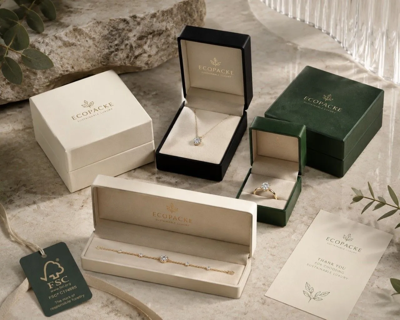 1.Eco-friendly luxury jewelry packaging with FSC-certified premium rigid boxes