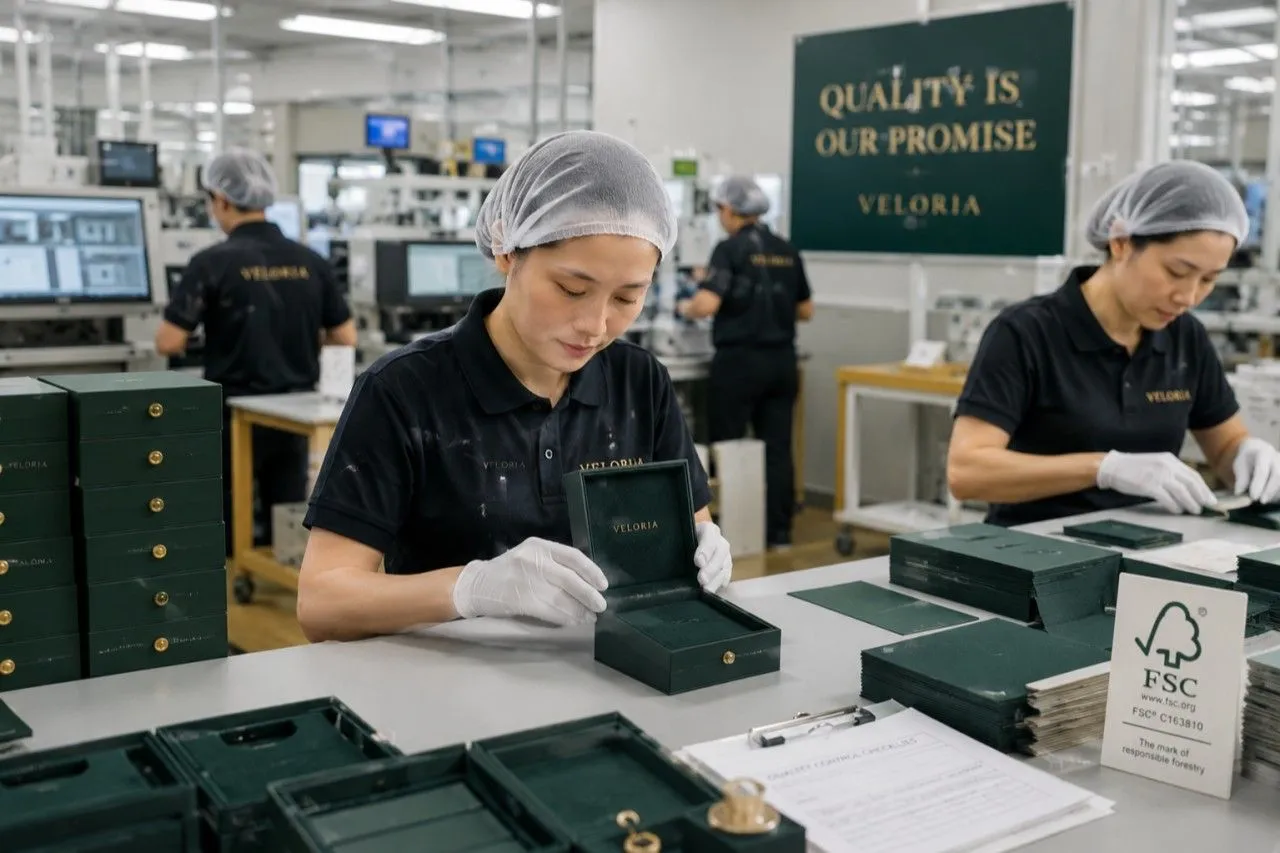10.Quality inspection in a luxury jewelry packaging manufacturing factory