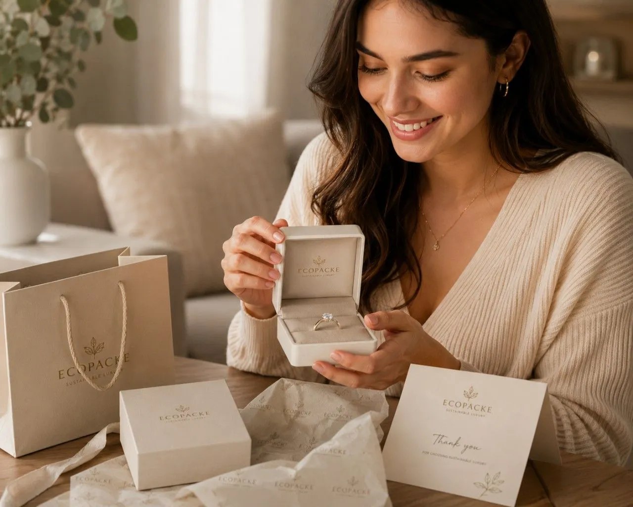 3.Customer enjoying an eco-friendly luxury jewelry unboxing experience
