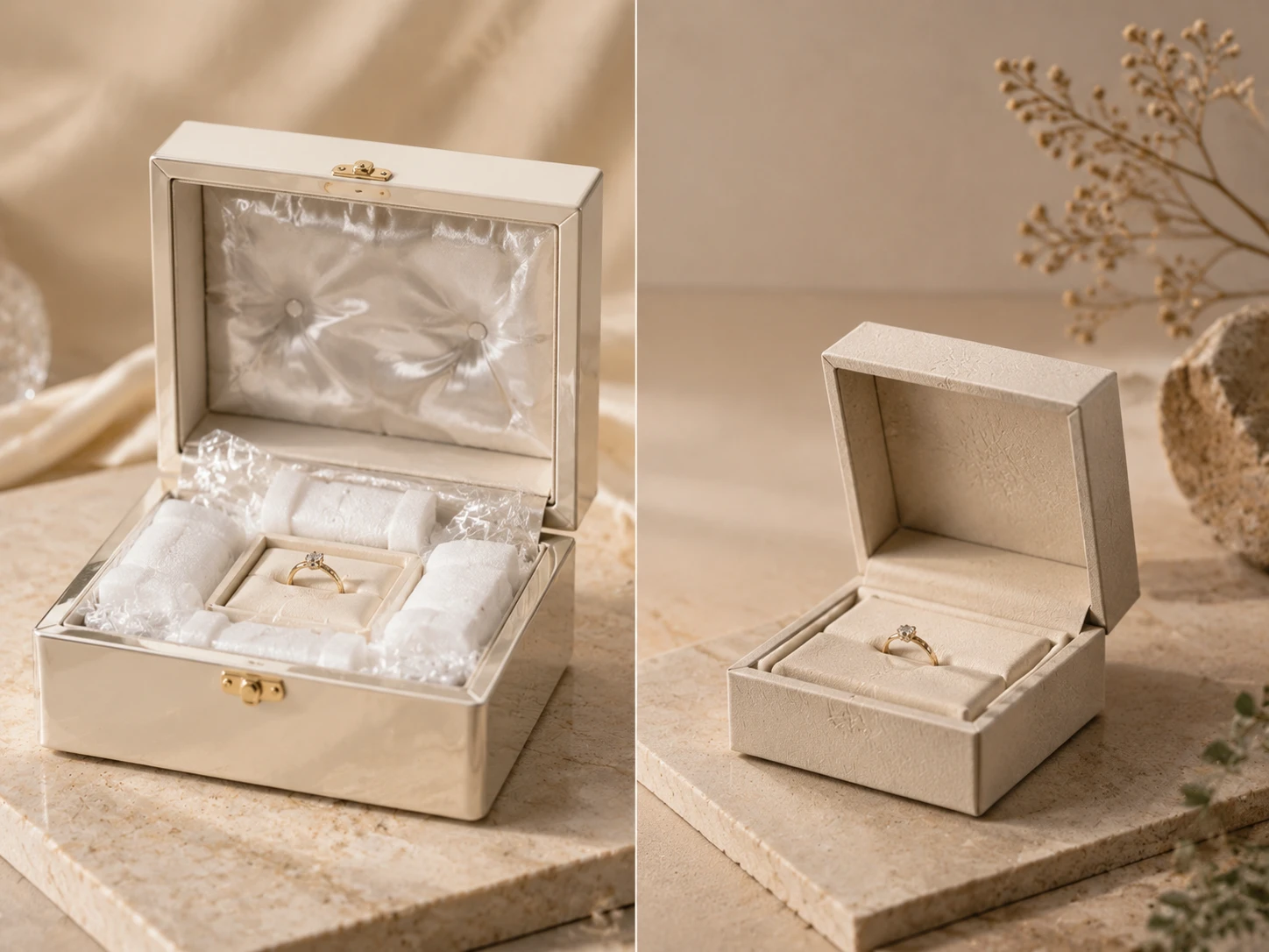 2、Traditional luxury jewelry packaging compared with minimalist sustainable packaging