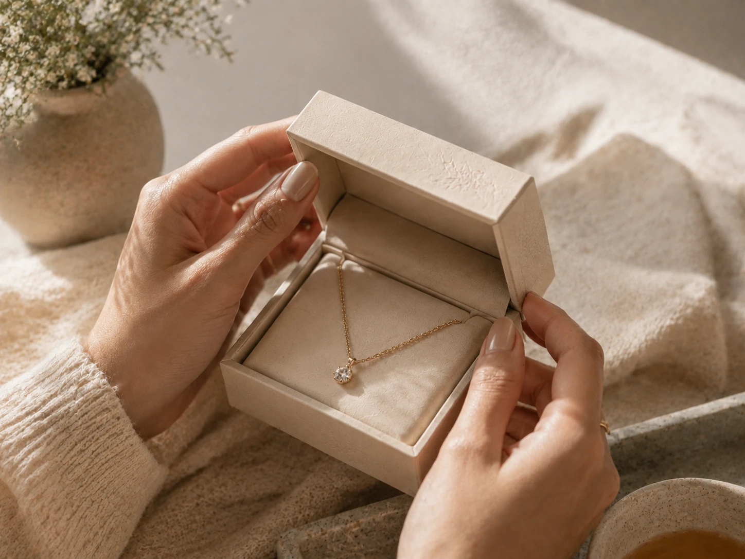 5、Customer opening a premium biodegradable jewelry box